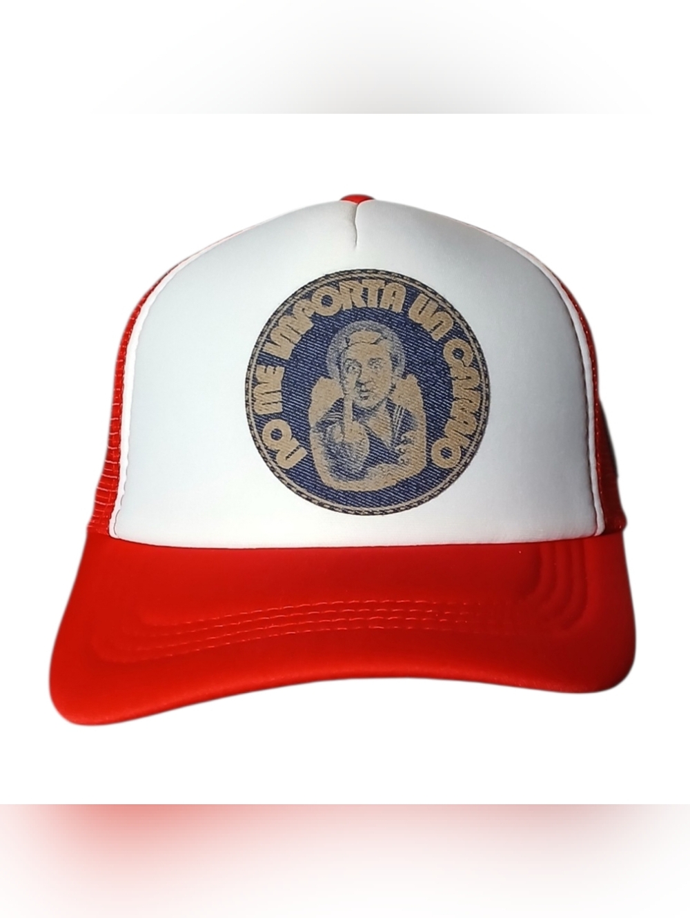 Quico Custom "No Me Importa" White and Red Trucker Hat with Graphic Patch